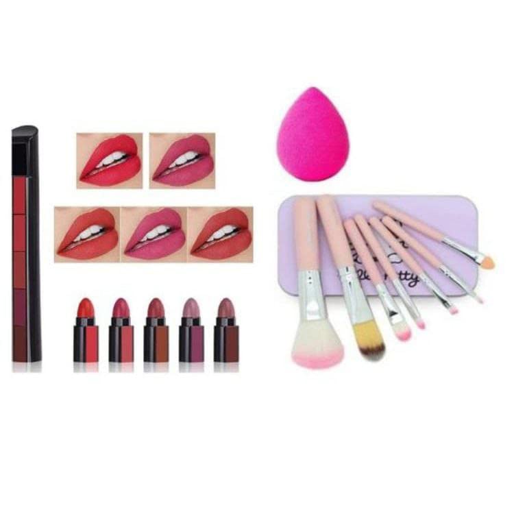 TANEJASONS 7-Piece Pink Makeup Brush Set with 5 Multicolor Lipstick Shades & Beauty Blender - Perfect for Women & Girls (Pack of 9) | Ideal for Everyday Makeup, Professional Looks & Travel Beauty Essentials