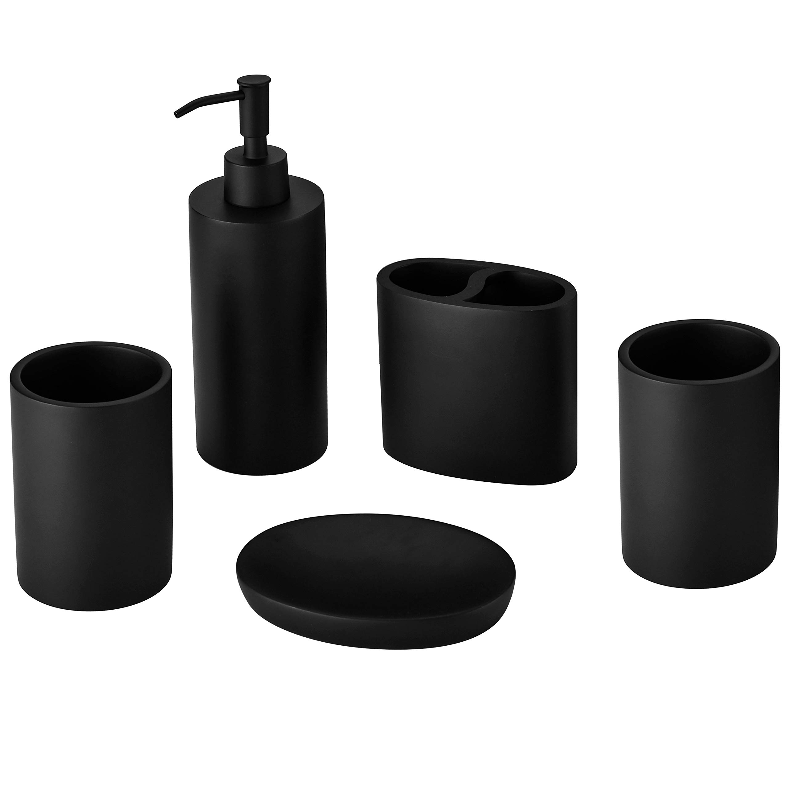 Black Resin Bathroom Accessories Set - Soap Dispenser, Toothbrush Holder, 2 Tumbler Cups & Soap Dish | Modern Countertop Organizer for Bathroom, Guest Bath & Vanity Decor