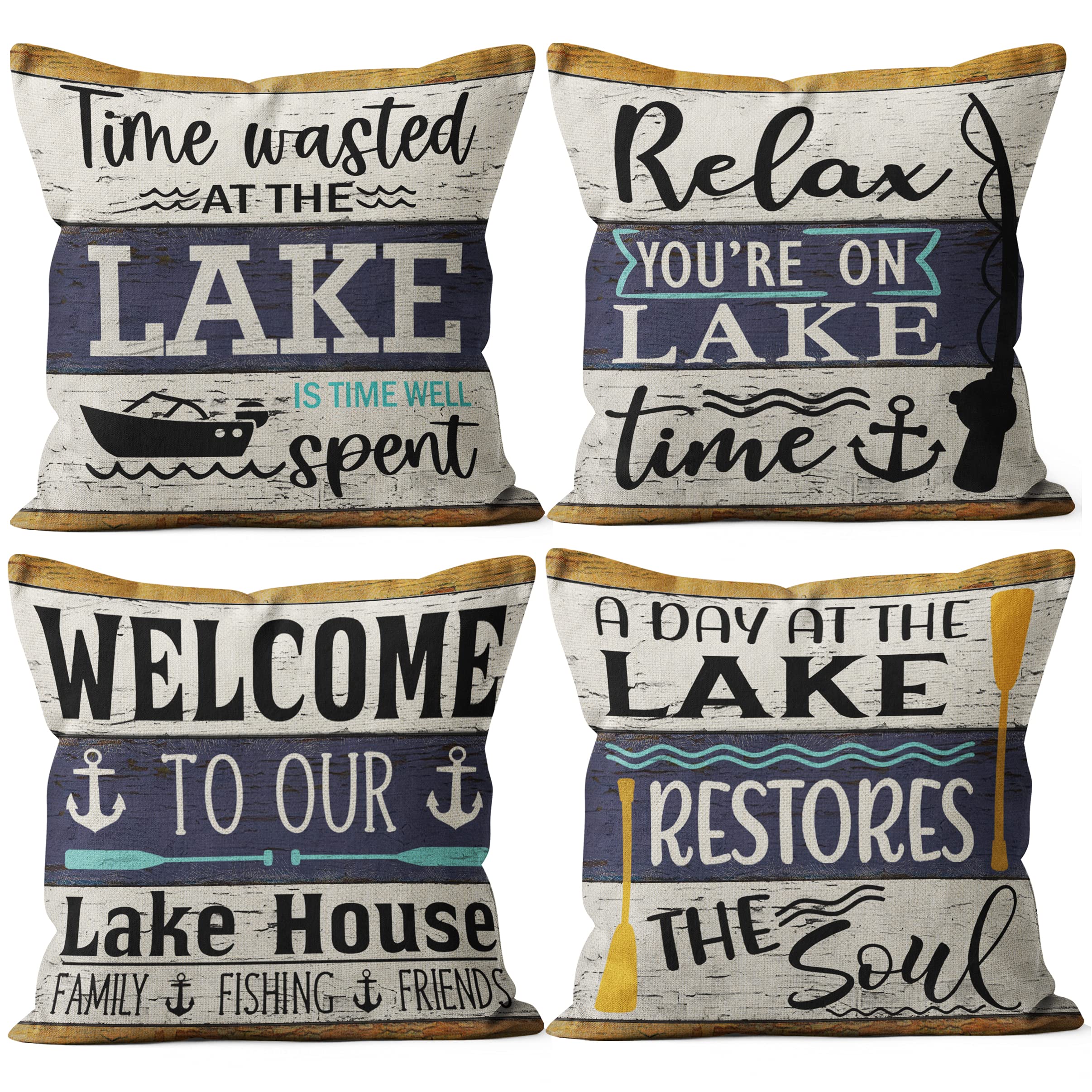 Lake Time Throw Pillow Covers 18x18 Inch Set of 4 - Lake House Decor for Sofa, Bed & Couch - Perfect for Lake Cabin, Porch & Living Room Decor