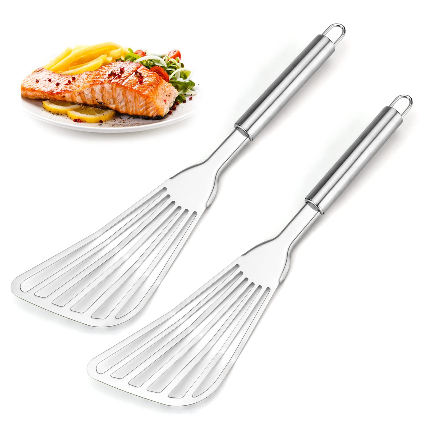 Premium 2-Piece Stainless Steel Fish Spatula Set - Heavy Duty Metal Turner with Thick Blade for Grilling, Frying & Cooking - Perfect for BBQ, Pancakes, Burgers & Kitchen Use