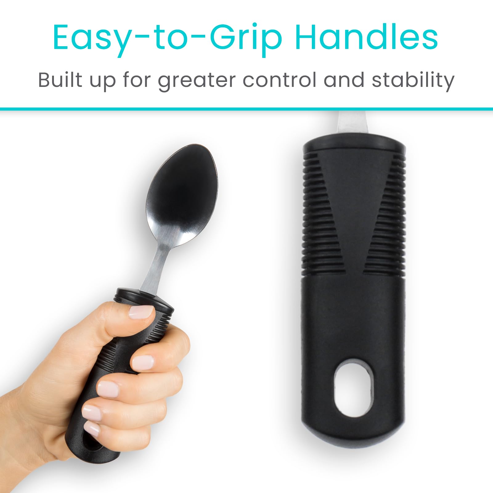 Vive Adaptive Utensil Set for Arthritis & Parkinson's - Easy Grip Stainless Steel Silverware for Hand Tremors & Shaking Hands - Heavy Duty Spoon, Fork & Knife for Seniors & Disabled - Perfect for Dining, Assisted Living & Home Care