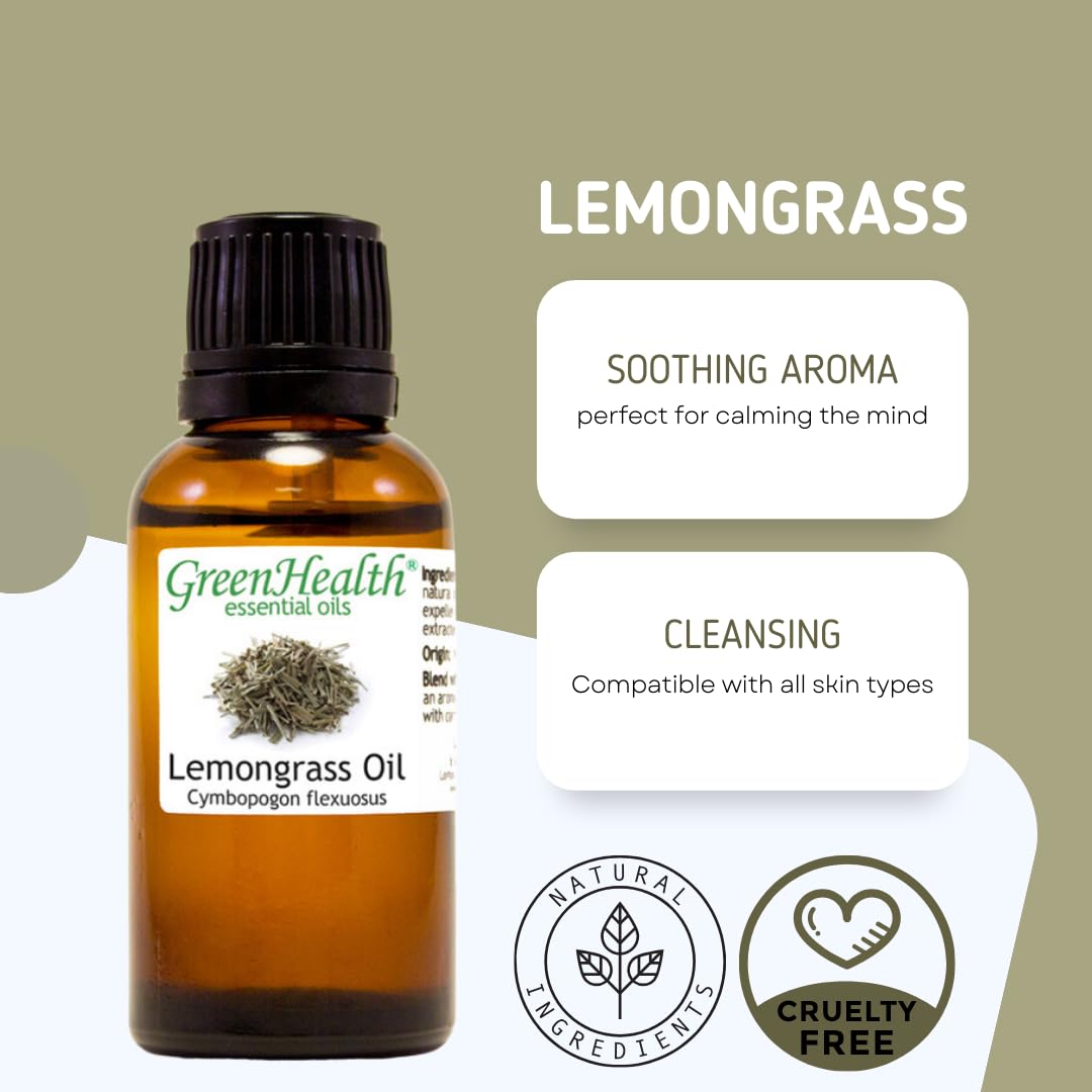 100% Pure Lemongrass Essential Oil - 2 fl oz (59 ml) Glass Bottle with Dropper Cap - Aromatherapy, Diffuser, Massage & DIY Skincare - GreenHealth Brand