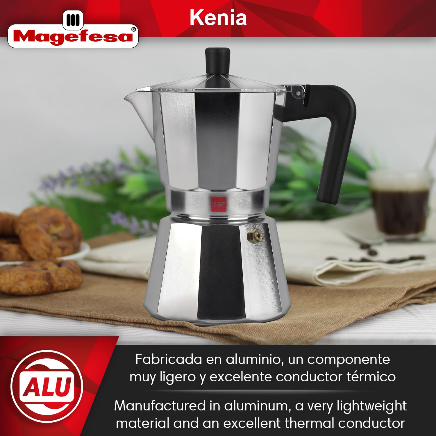 MAGEFESA Kenia Stovetop Espresso Moka Pot - 3 Cup (5 oz) Italian Aluminum Coffee Maker for Cuban Coffee, Extra Thick & Heat Resistant with Ergonomic Handle - Perfect for Home, Office & Camping Brewing