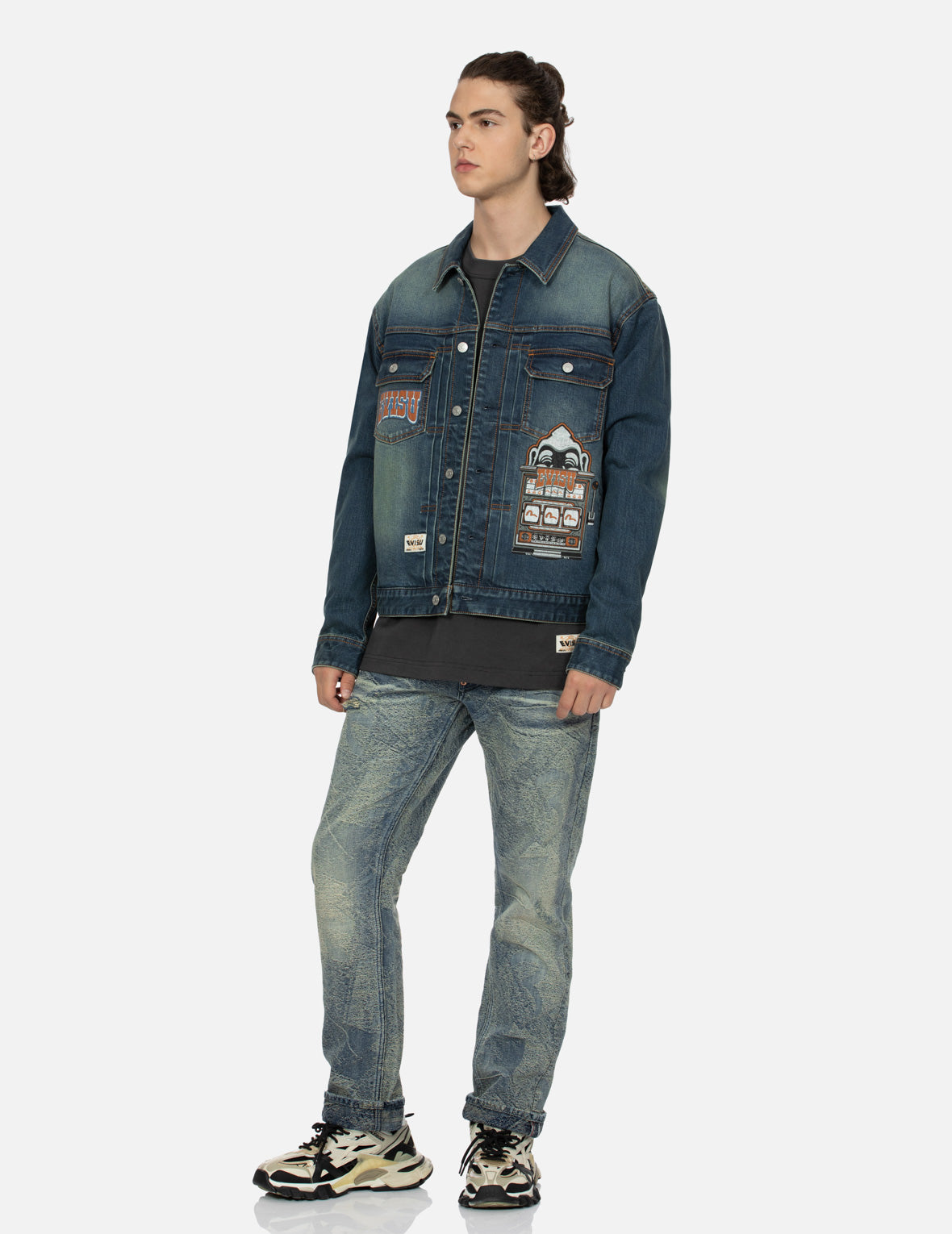 Lucky Slot Machine Embroidered Denim Jacket - Logo & Godhead Design - Relaxed Fit Vintage Denim Jacket for Casino Night, Costume Party & Retro Fashion