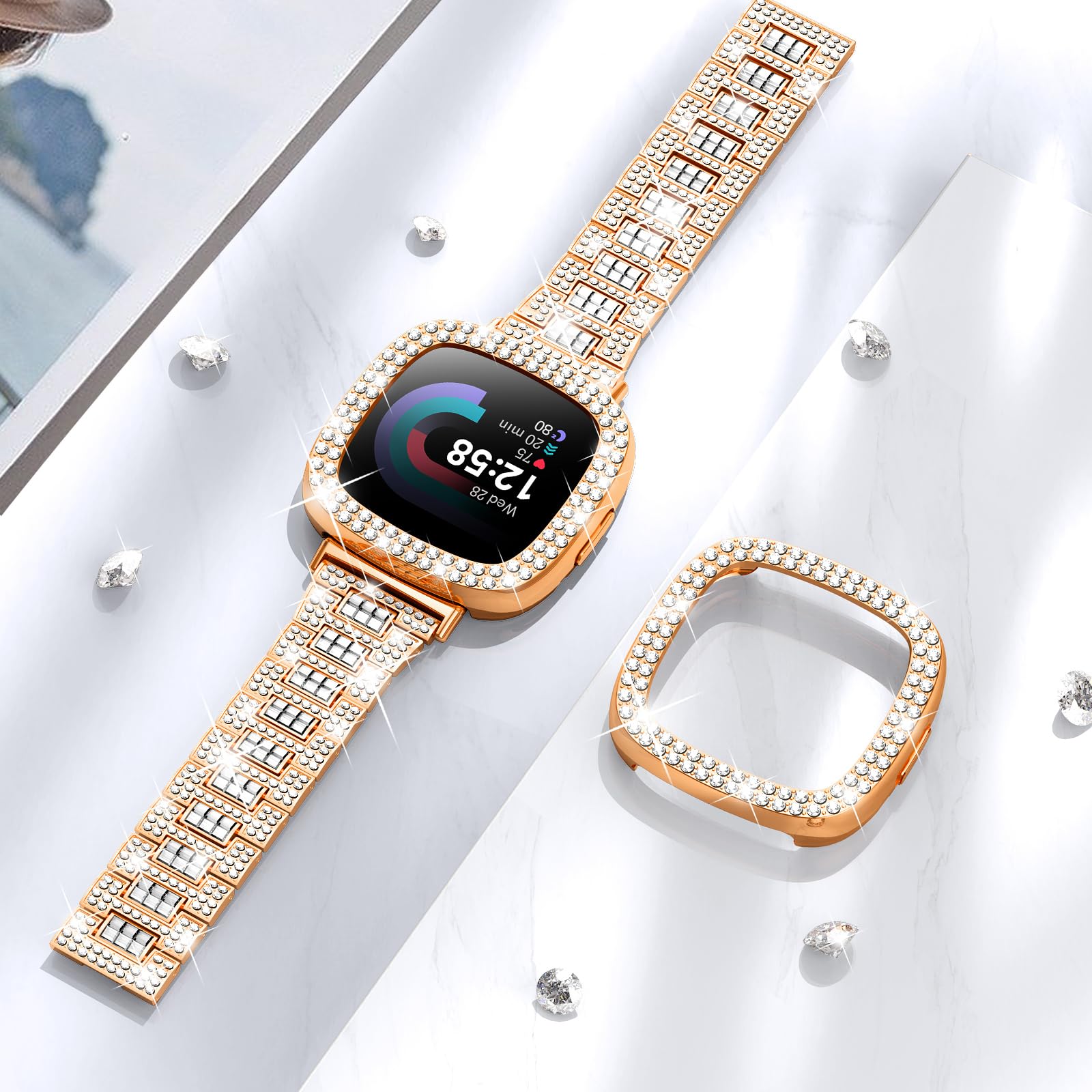 Dsytom Bling Stylish Watch Band Compatible with Fitbit Versa 4/3, Sense 2/1 - Rhinestone Decorative Strap with Protective Case for Women - Perfect for Workouts, Parties & Daily Fashion Accessories