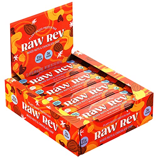 Raw Rev Vegan High-Protein Bars - Mixed Nuts & Chocolate Chip - 12 Pack | 11g Plant Protein, 10g Fiber, 1.6 Oz Each | Gluten Free, Dairy Free Snacks for Hiking, Gym & On-the-Go Energy Boost