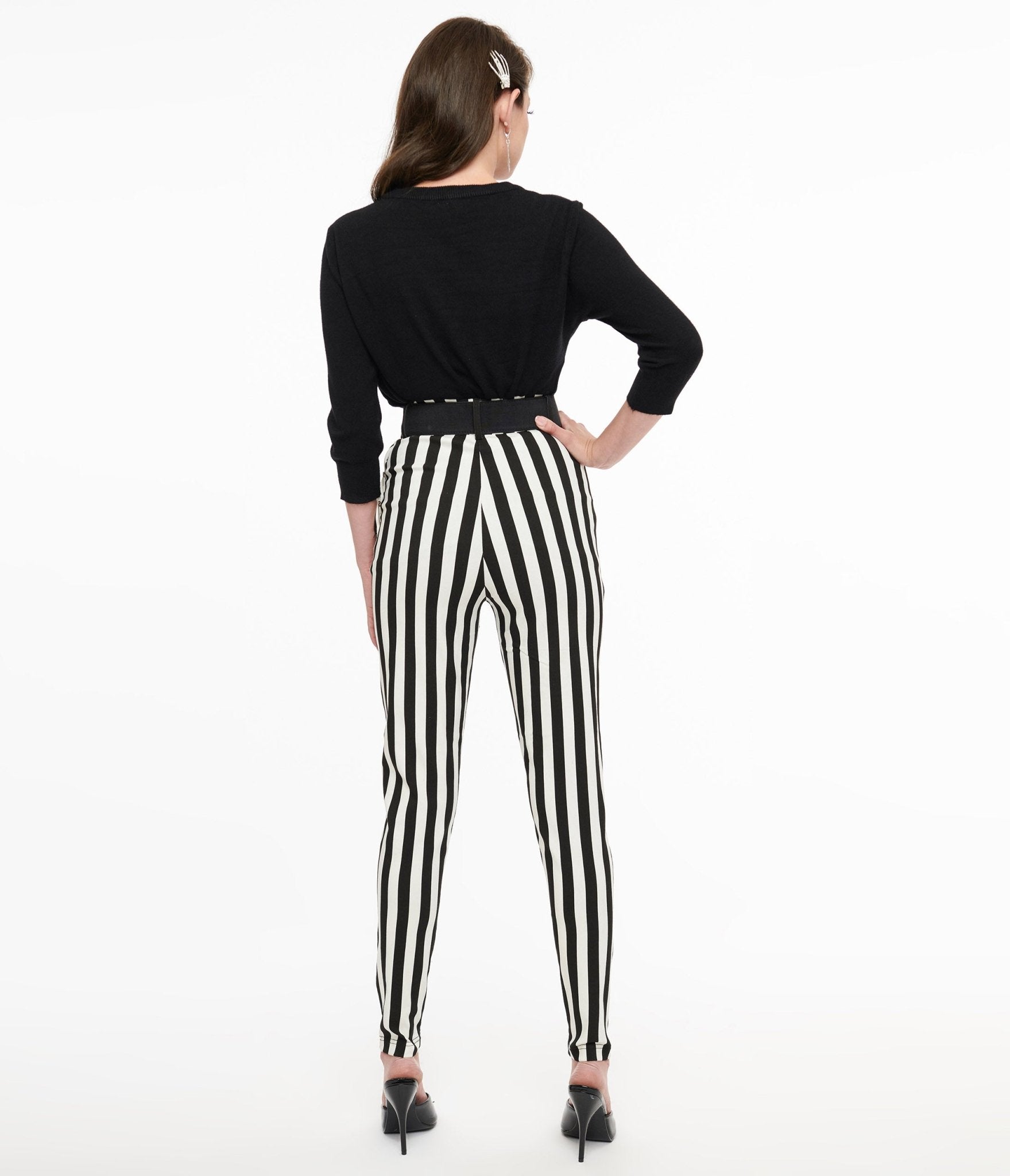 Vintage Black & White Striped High Waist Belted Cigarette Pants for Women - Retro 50s Style Slim Fit Trousers for Office, Date Night & Casual Outfits