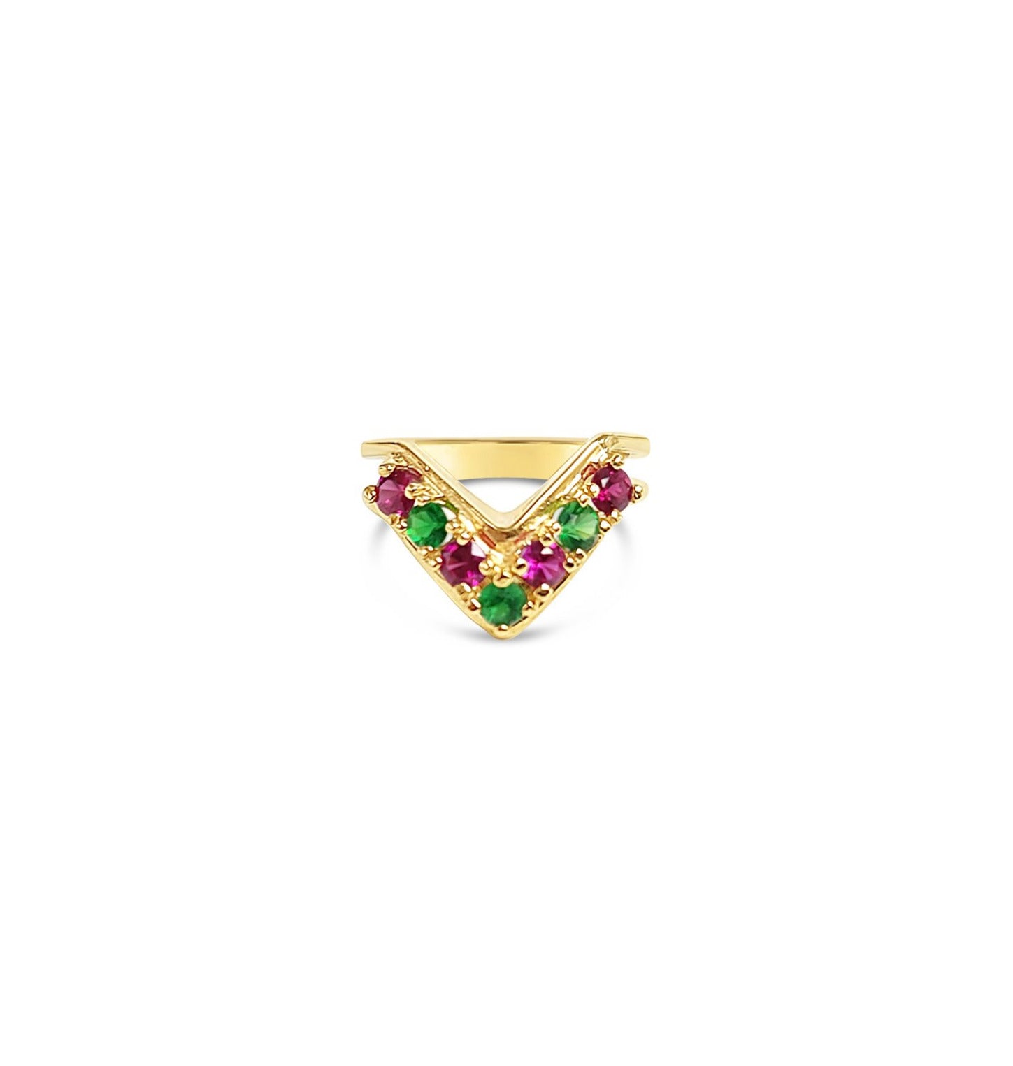 14k Yellow Gold V-Shaped Synthetic Ruby & Emerald Earrings - Elegant Jewelry for Parties, Weddings & Special Occasions