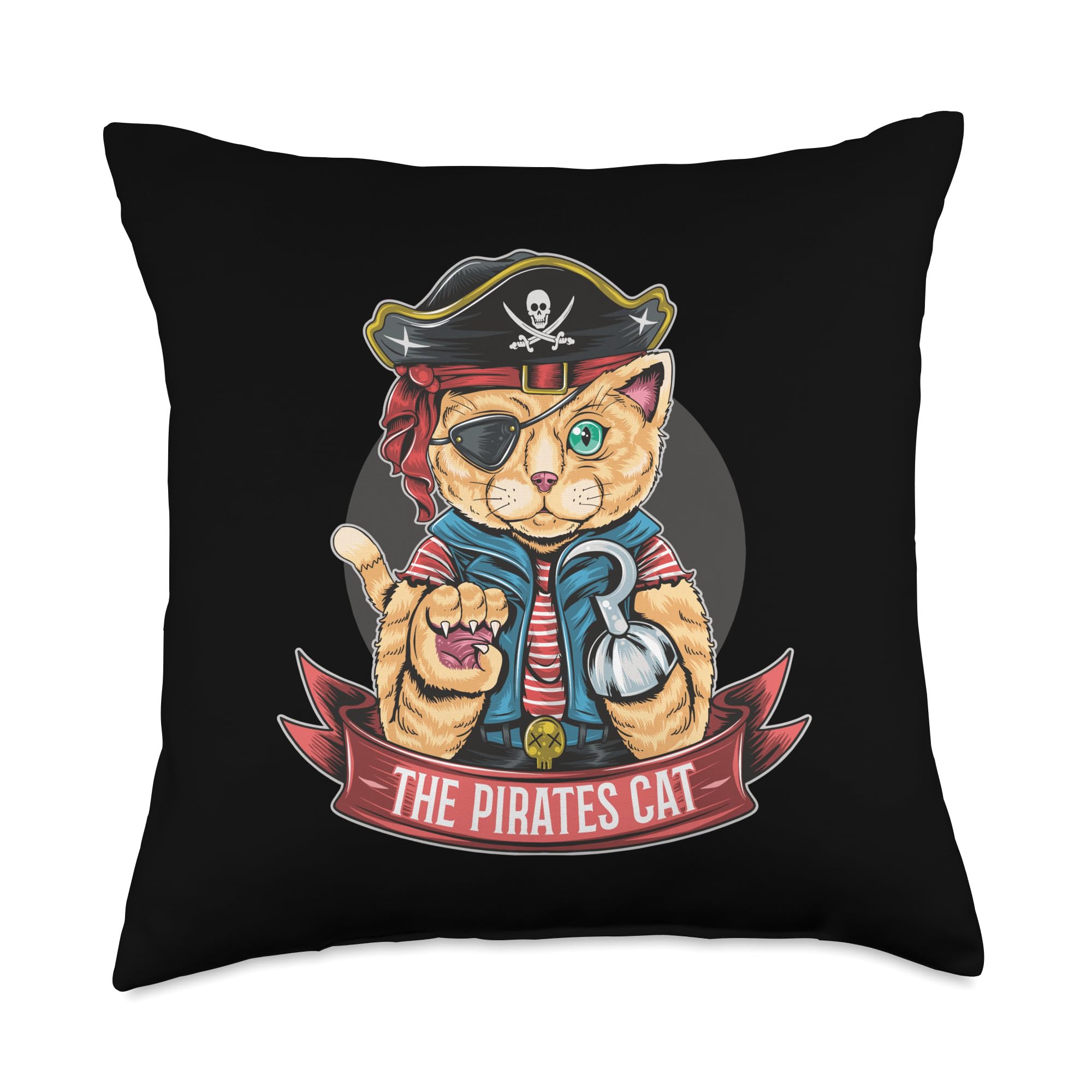 Pirate Cat with Hook Throw Pillow - Cute Pirate Kitty Decorative Pillow Cover for Sofa, Bed, Nursery - Perfect for Halloween, Pirate Themed Room & Cat Lover Gifts