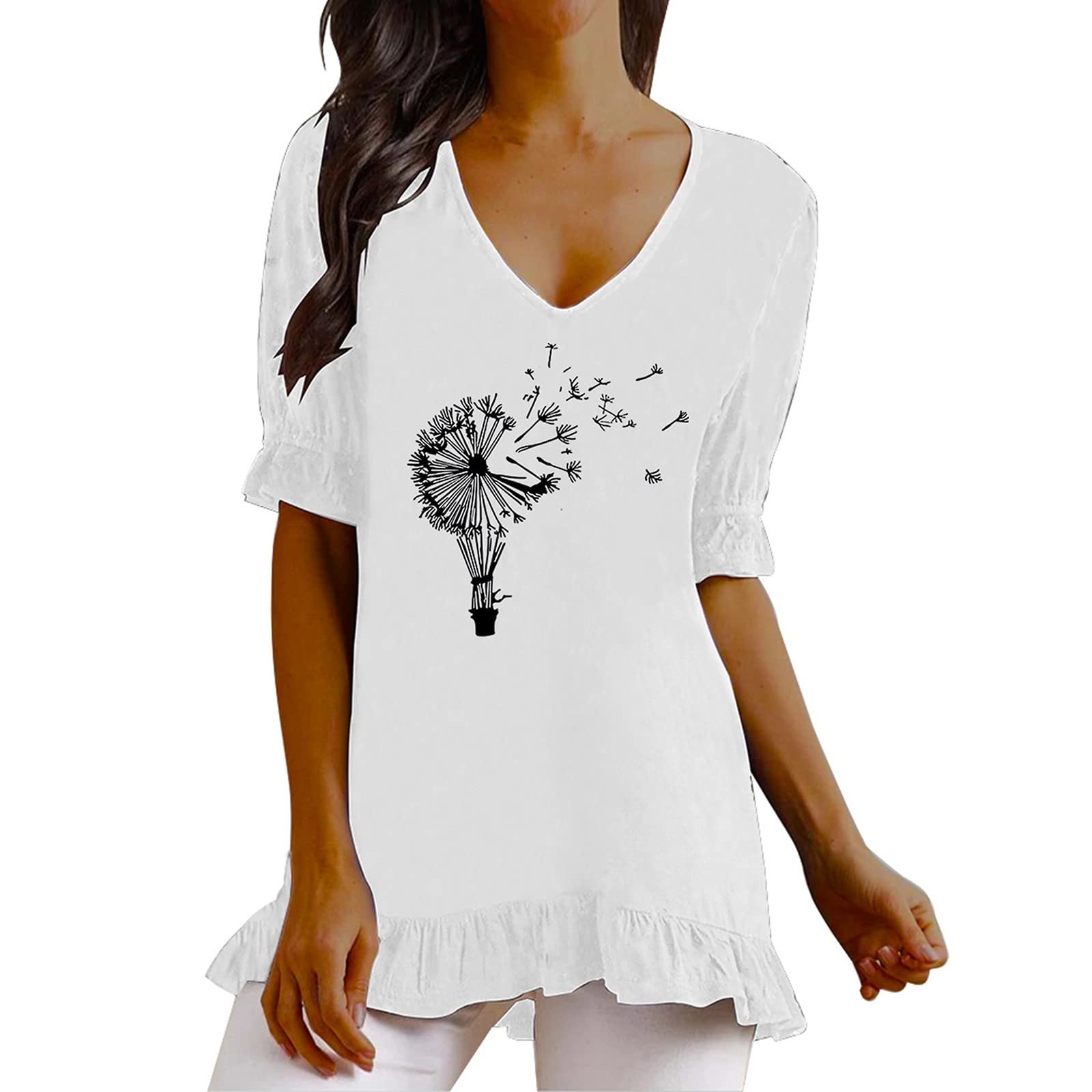 Women's Summer Ruffle Blouse - V Neck Bell Sleeve Casual Tunic Top | Flowy Dandelion Print T-Shirt | Perfect for Beach, Vacation & Boho Outfits