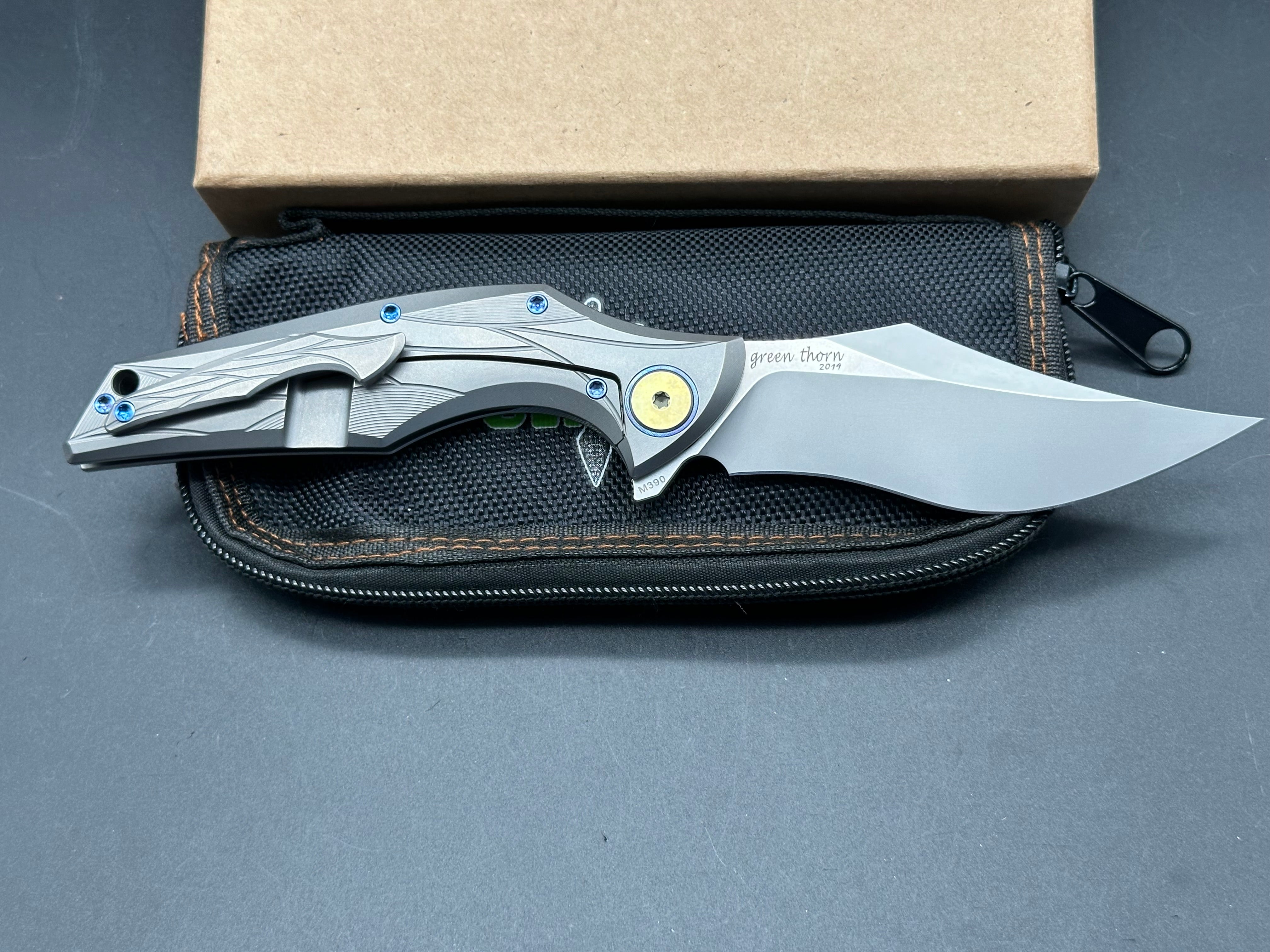 Green Thorn Talon Folding Knife - Grey Milled Titanium Frame, Custom Anodized Hardware, Upswept Blade, Stonewash M390 Steel - EDC, Outdoor, Camping, Survival Gear