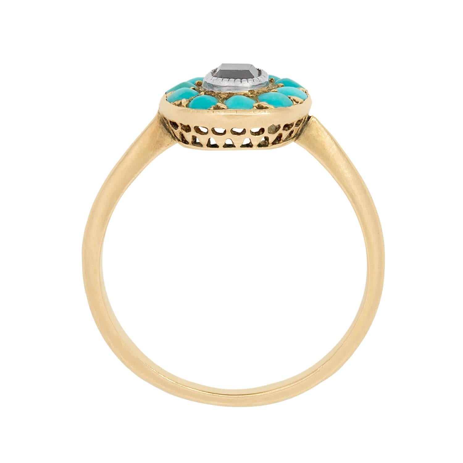 Antique Early Victorian 18K Gold Turquoise and Diamond Cluster Ring - Vintage Jewelry for Women, Bridal Gift, Special Occasion Wear