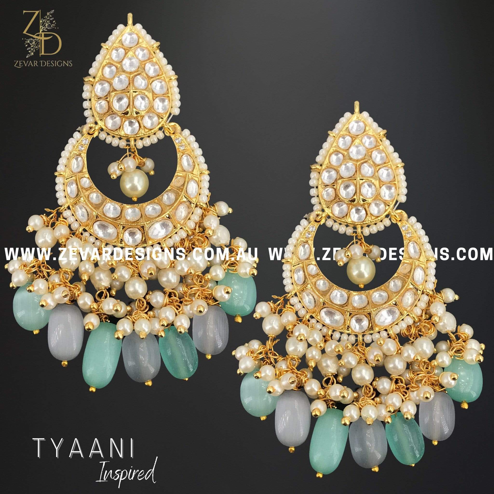 Exquisite Kundan Polki Earrings with Grey and Mint Drops | Traditional Indian Jewelry for Weddings, Parties & Festive Occasions