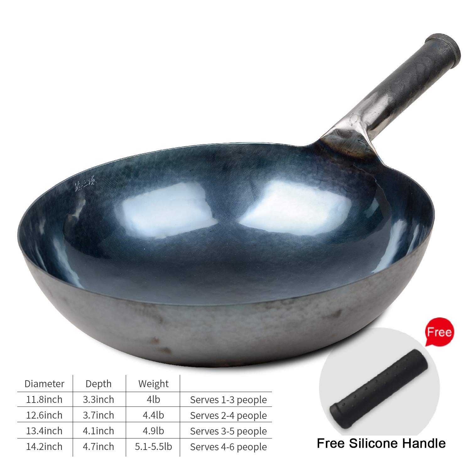 ZhenSanHuan Authentic Chinese Hand-Hammered Carbon Steel Wok Pan - 36cm Seasoned Iron Stir Fry Pan, Non-Stick Natural Finish, Oil-Efficient Cooking - Perfect for Stir-Frying, Sautéing & Asian Cuisine