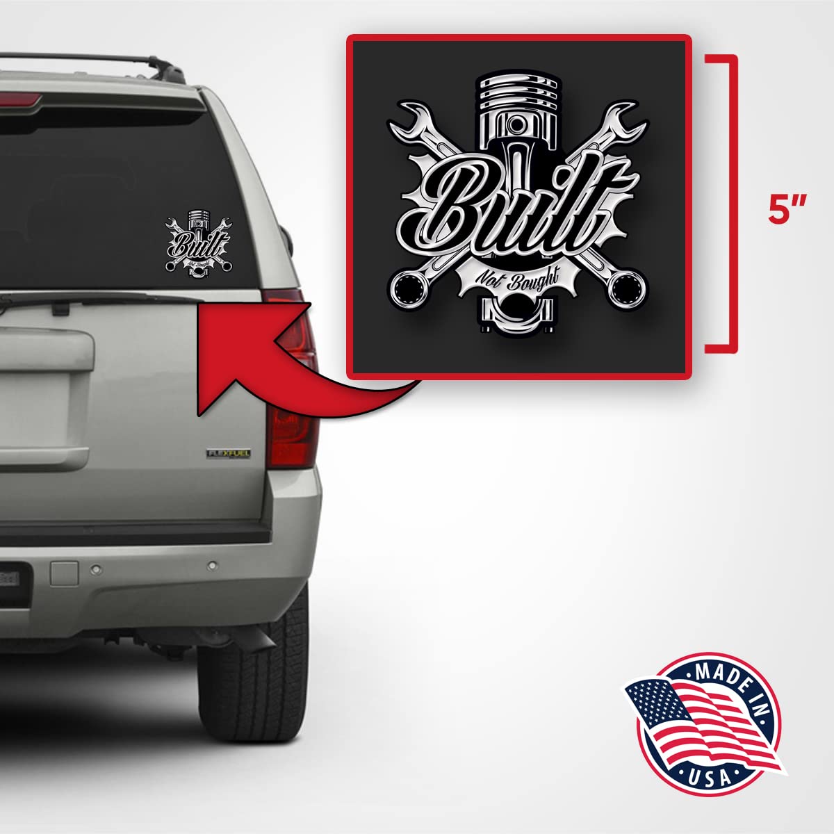 Built Not Bought Vinyl Decal Stickers - 5 Inch UV Resistant Car, Truck, Motorcycle, Laptop & Mug Decoration (3 Pack) - Perfect for Vehicles, Tech Gear & Outdoor Equipment Customization