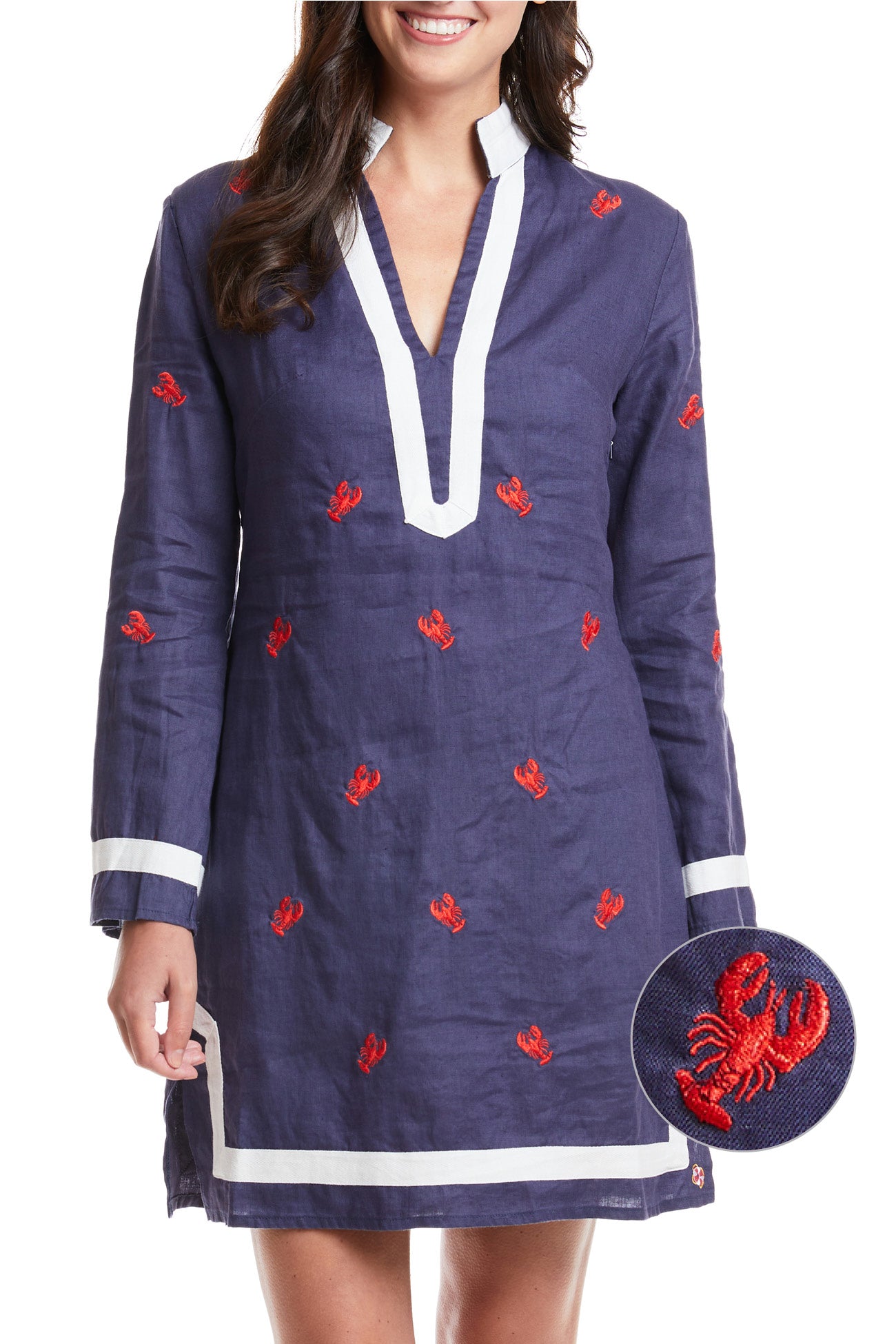 Women's Navy Blue Linen Tunic Dress with Lobster Print - Casual Summer Beachwear & Boho Style Outfit for Vacations