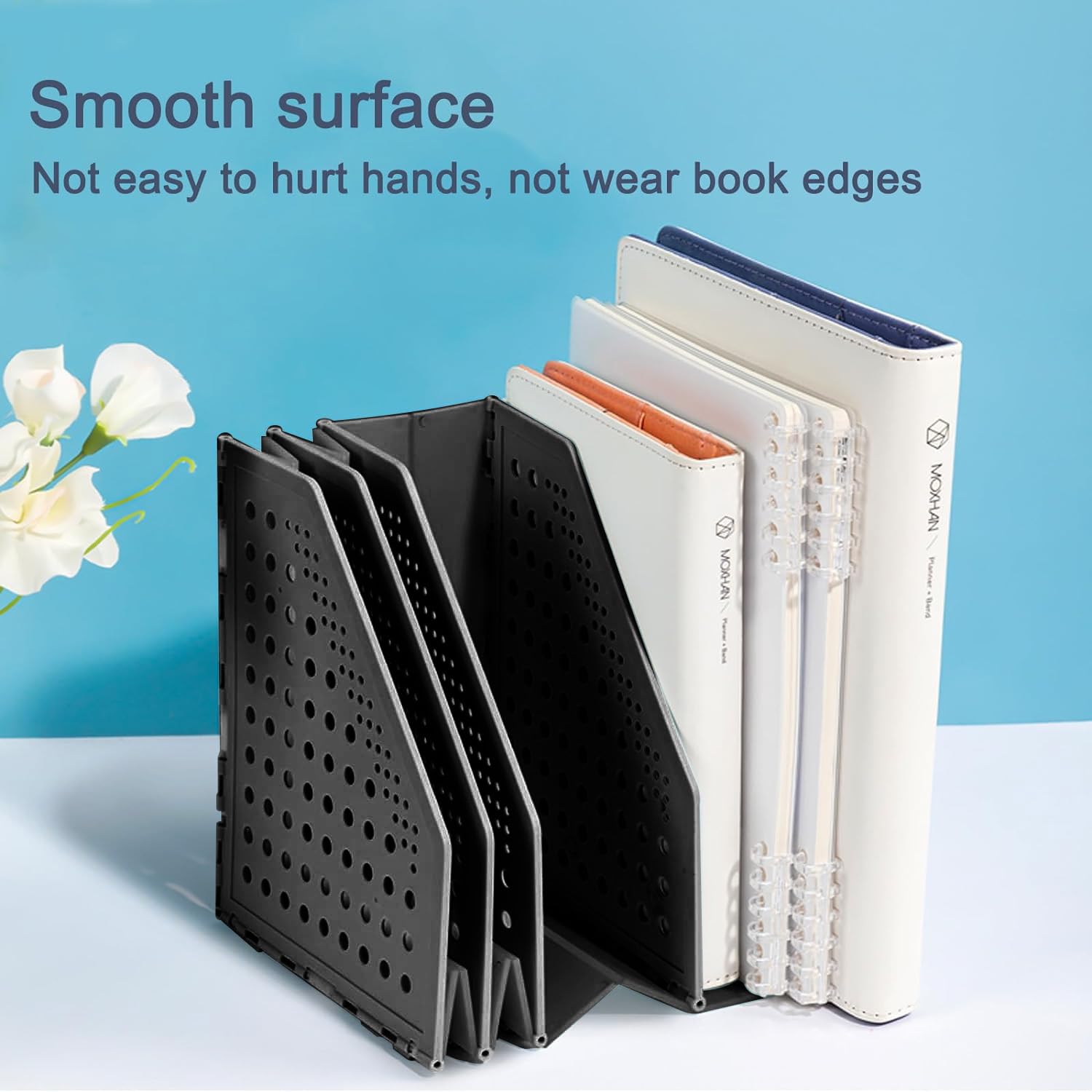 Deli Collapsible Magazine File Holder - 4 Vertical Compartment Adjustable Desk Organizer | Sturdy Binder Storage for Office, School & Home (Black) | Perfect for Organizing Documents, Books & Office Supplies