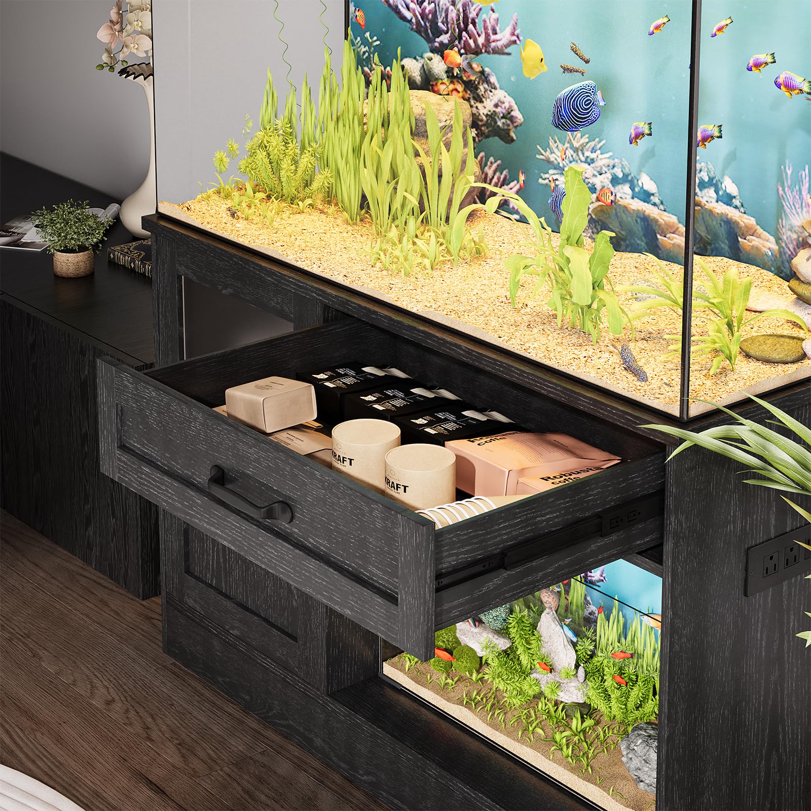 40 Gallon Wooden Aquarium Stand with Drawer, Power Strip & LED Lighting - Heavy Duty Fish Tank Stand for Reptiles, Tropical Fish - Perfect for Home, Office or Classroom Aquarium Setup
