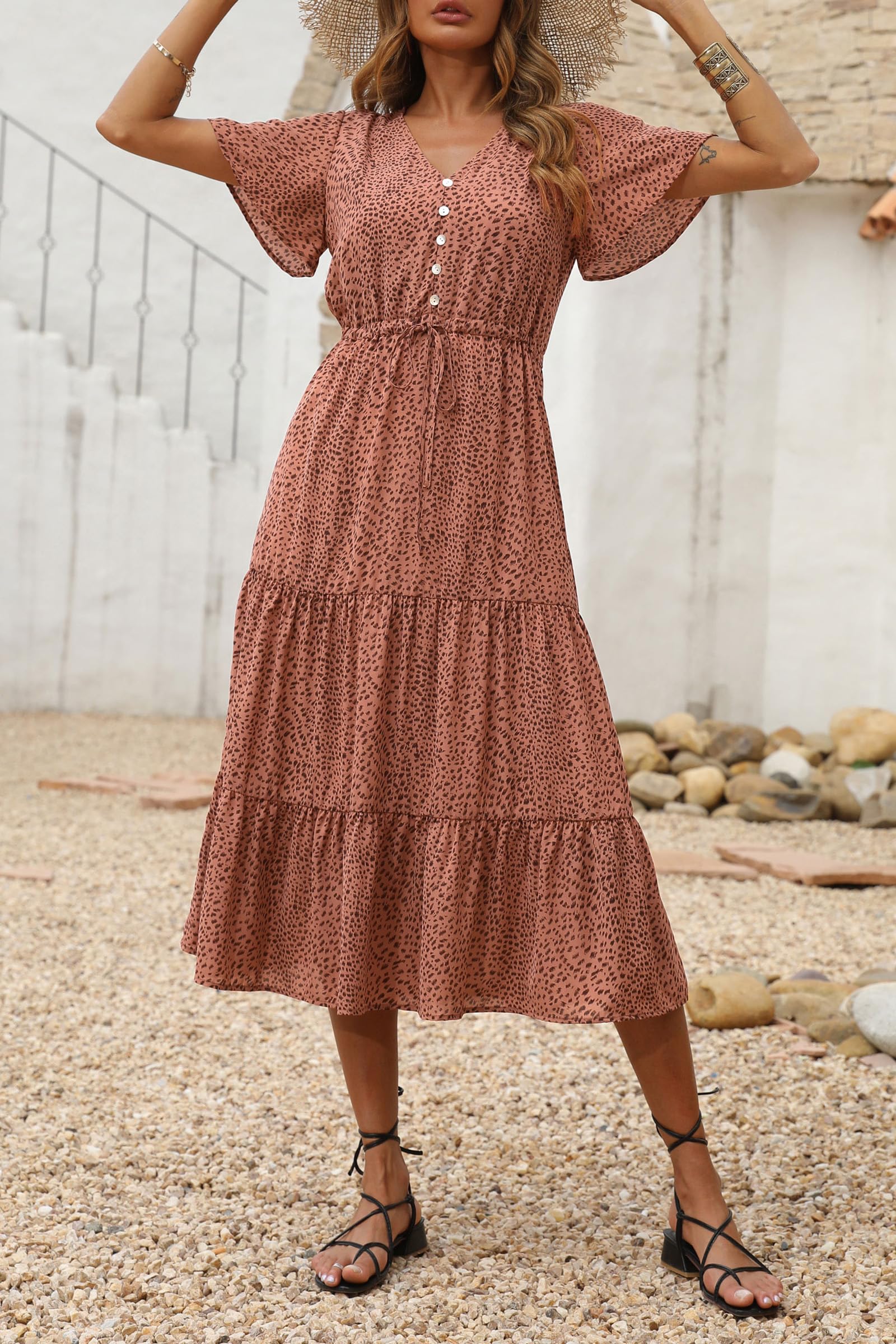 PRETTYGARDEN Women's Floral Maxi Dress - 2025 Summer Casual Short Sleeve V-Neck Tiered Boho Sundress | Perfect for Beach Vacations, Date Nights & Outdoor Parties