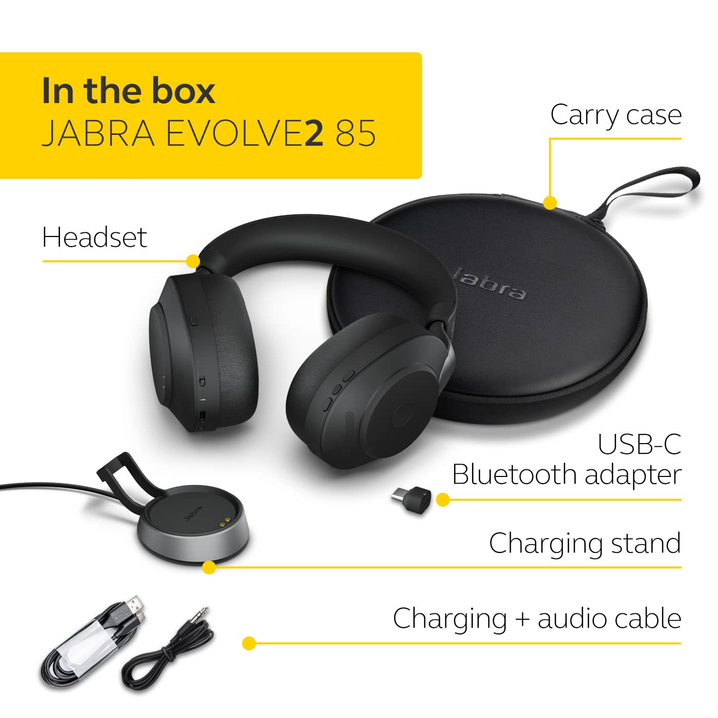 Jabra Evolve2 85 Wireless Noise Cancelling Headphones with Charging Stand – UC Certified Stereo PC Headset, Long Battery Life, USB-C Bluetooth Adapter – Black – Perfect for Home Office, Remote Work & Video Conferencing