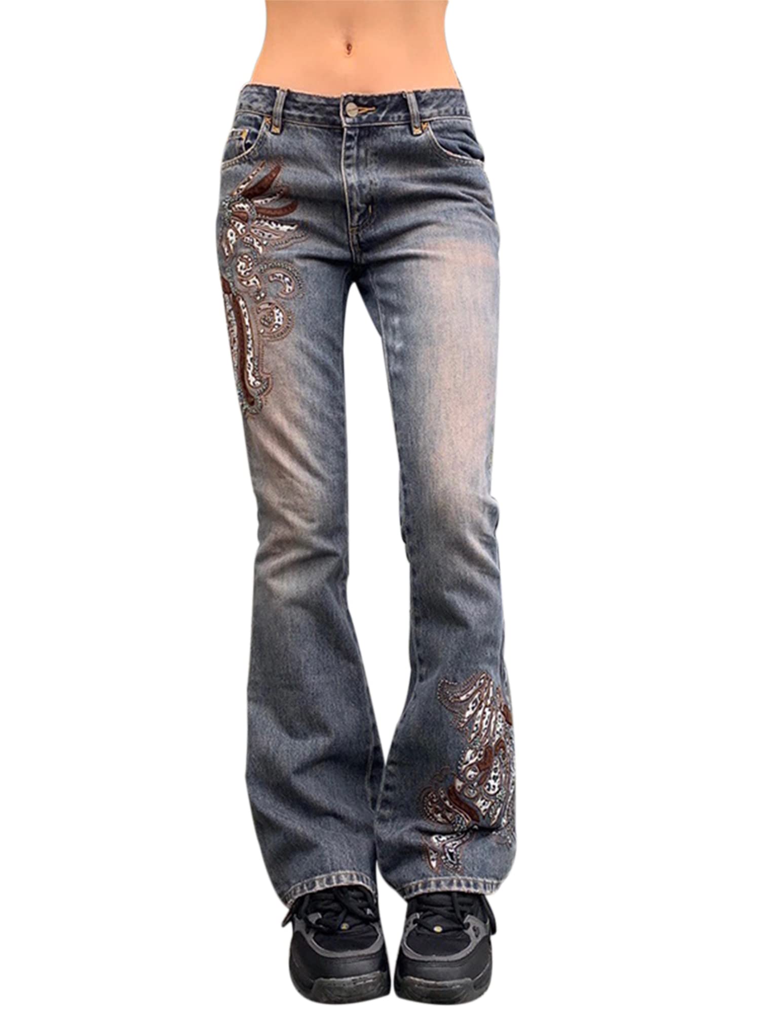 Gothic High Waisted Vintage Print Punk Pants for Women - Y2K Cyber Baggy Jeans, Emo Nightclub Streetwear (Perfect for Concerts, Raves & Alternative Fashion)