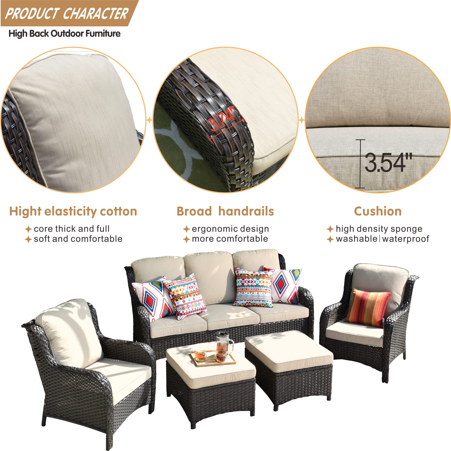 5-Piece All-Weather Wicker Patio Furniture Set with High Back Sofa, 2 Chairs & 2 Ottomans - Brown Beige Outdoor Conversation Set for Garden, Backyard, Deck & Poolside Relaxation