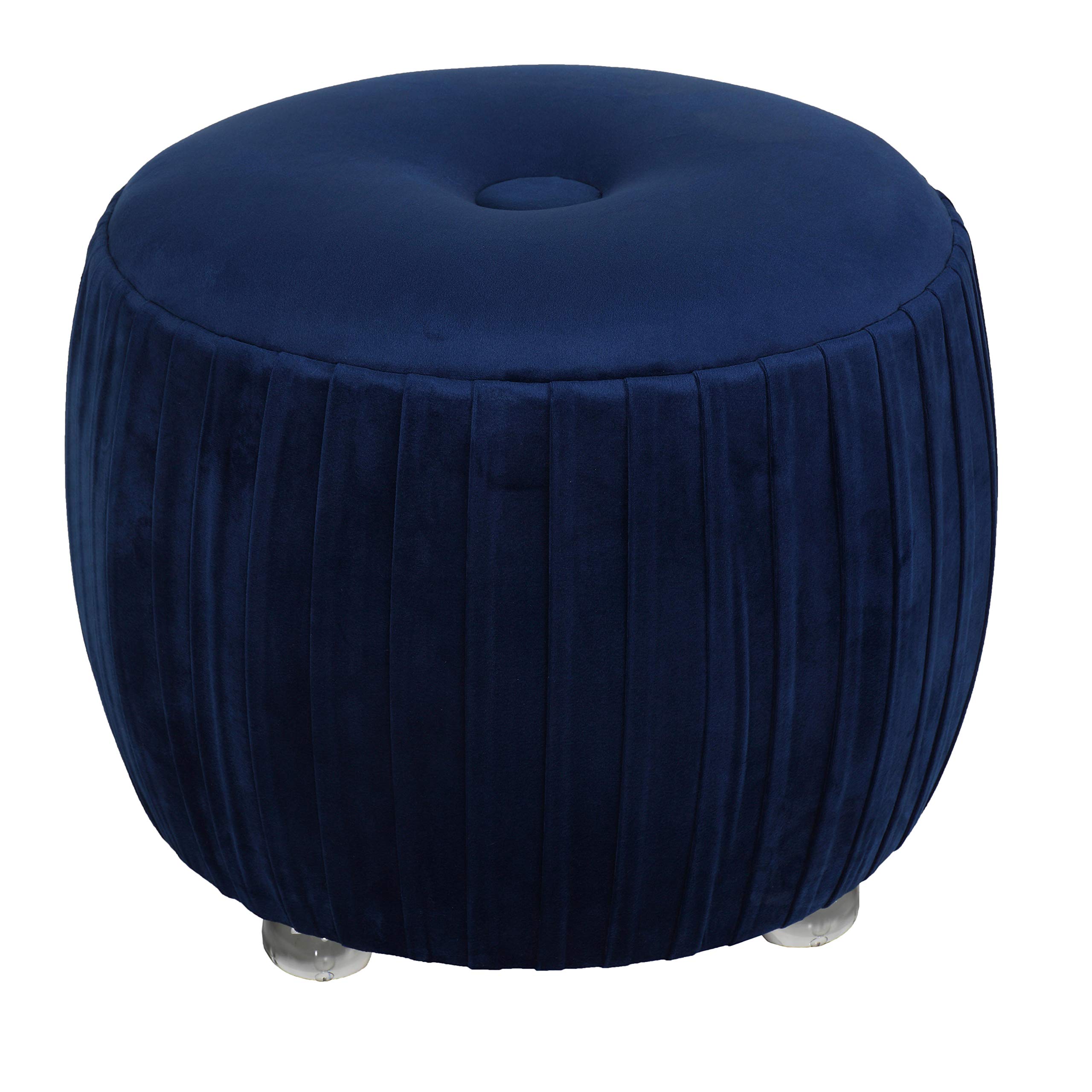 Cortesi Home Doles 16-inch Round Ottoman with Clear Acrylic Legs - Navy Blue Velvet Upholstered Footstool, Pouf or Accent Seat for Living Room, Bedroom & Office Decor