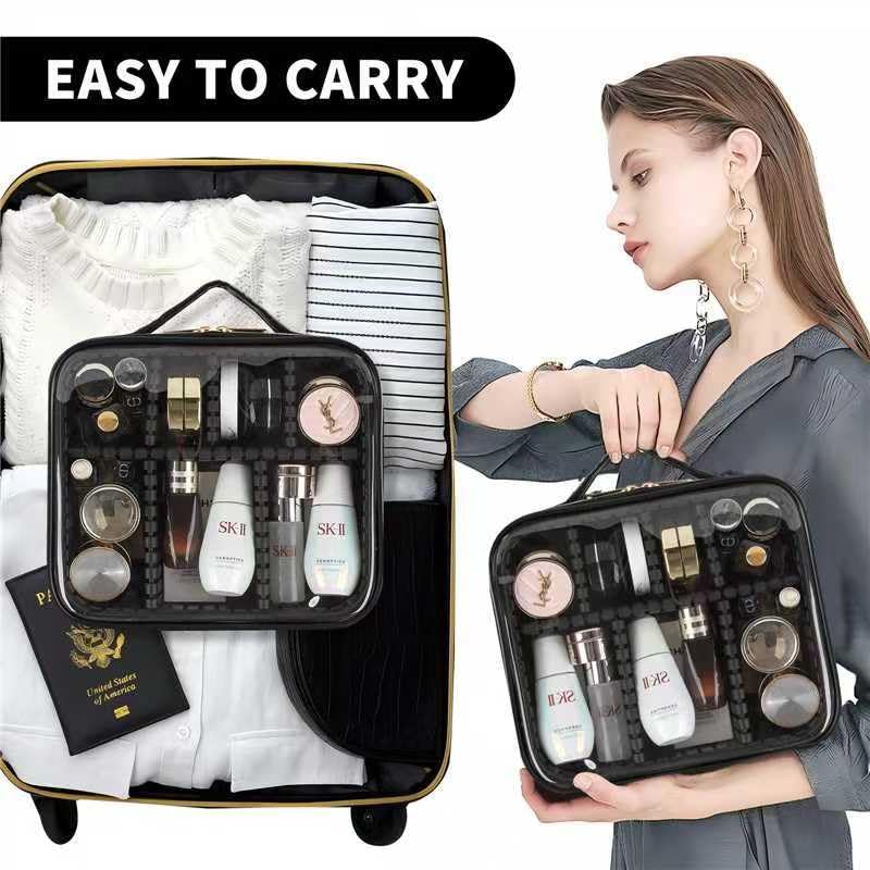 Clear Travel Makeup Bag for Women - Waterproof Cosmetic Organizer with Handle & Detachable Dividers | Portable Toiletry Case | Perfect Gift for Women & Girls | Ideal for Travel, Gym & Daily Use (Black)