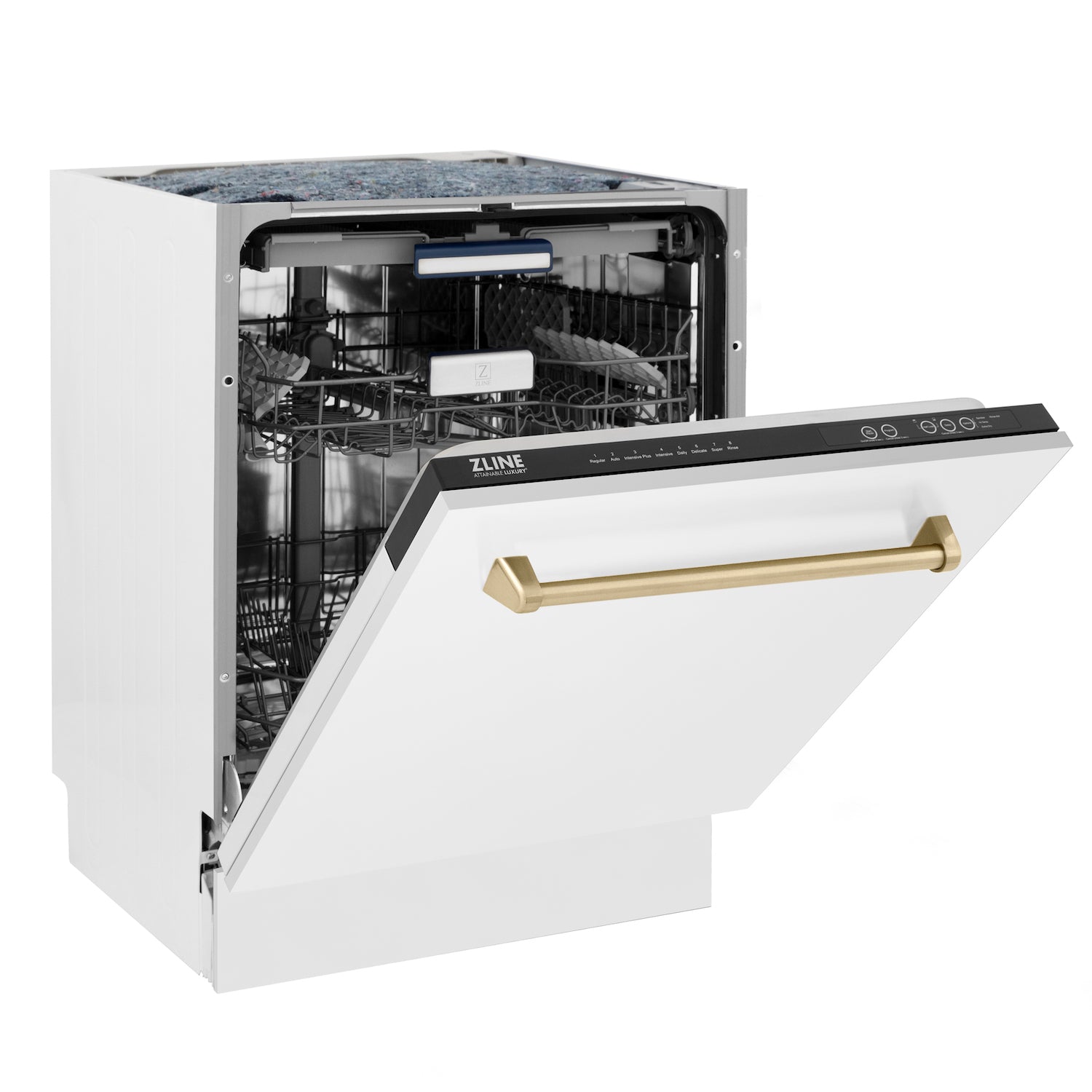 ZLINE Autograph Edition 24 Inch 3rd Rack Top Control Tall Tub Dishwasher - White Matte Finish with Champagne Bronze Handle, 51dBA Quiet Operation (DWVZ WM 24 CB) - Perfect for Modern Kitchens and Open Concept Homes