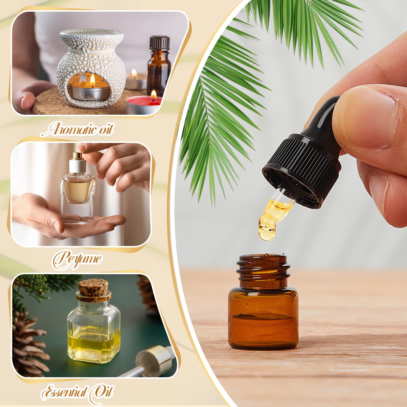 200 Pcs 1ml Amber Mini Glass Dropper Bottles with Lids - Travel Essential Oil Containers, Cosmetic Sample Vials, Perfume Liquid Storage - Perfect for DIY Beauty Products, Aromatherapy & Travel Toiletries