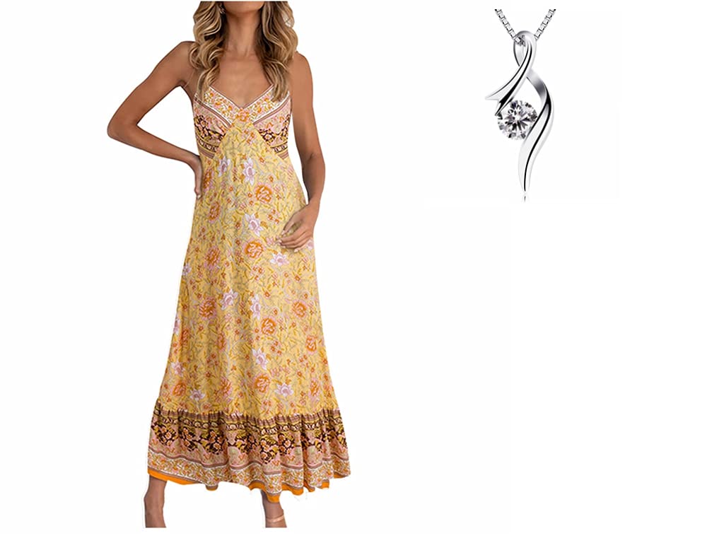 Bohemian Maxi Dress for Women - Floral Printed Strapless Long Beach Dress & Diamond Necklace Set | Summer Party, Wedding, Vacation Outfit