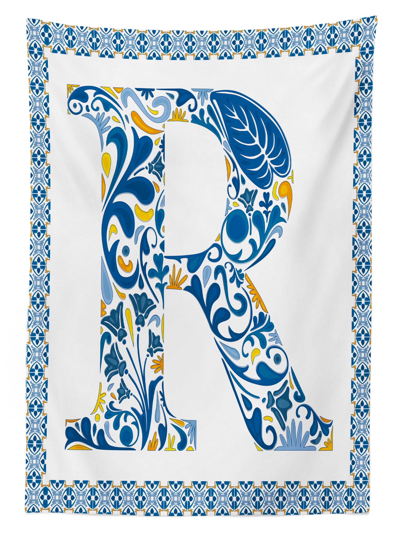 Ambesonne Vintage Letter R Tablecloth - Curly Blossoms & Traditional Tile Design, Washable Outdoor Picnic Table Cover, 58x104 Inches, Blue Yellow Orange - Perfect for Garden Parties, BBQs, and Picnics