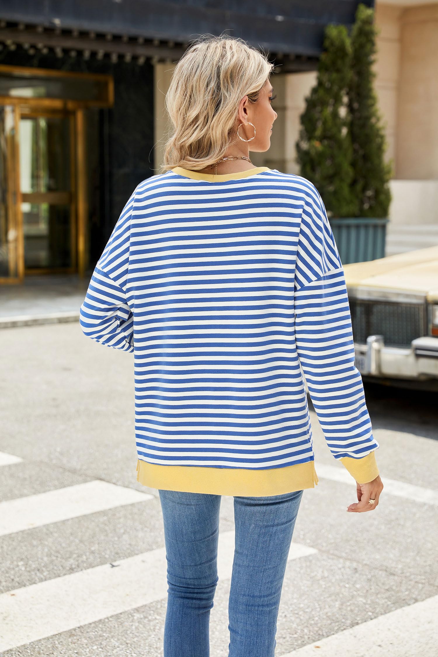 Fashionme 2025 Women's Striped Color Block Tunic Top with Side Slits - Long Sleeve Crewneck Loose Fit T-Shirt Sweatshirt for Spring | Casual Outfits, Layering & Everyday Wear