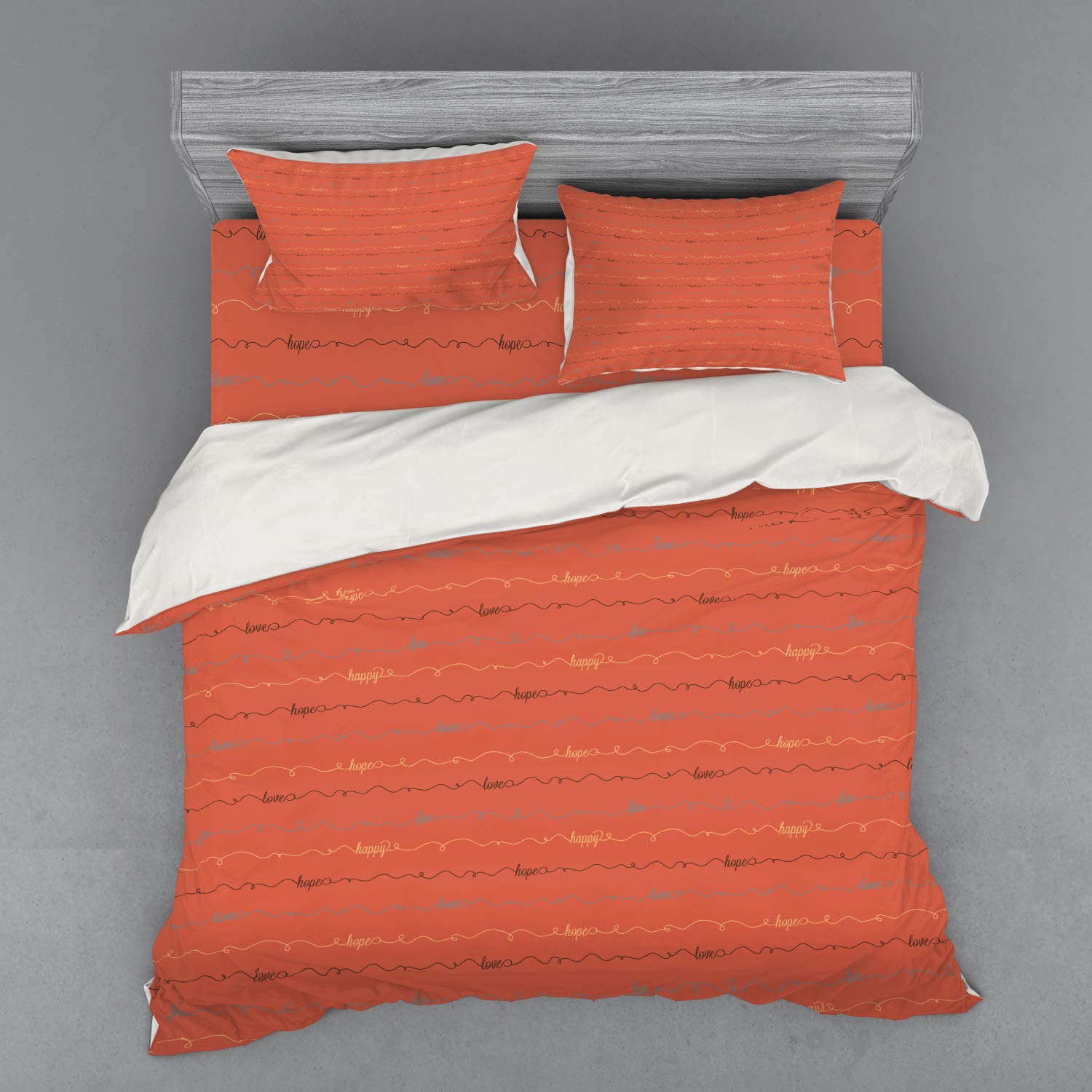 Ambesonne 4-Piece King Size Duvet Cover Set with Shams & Fitted Sheet - Dark Coral Backdrop with Inspirational 'Hope Love Happy' Lettering - Soft Dark Brown Bedding for Cozy Master Bedroom Decor