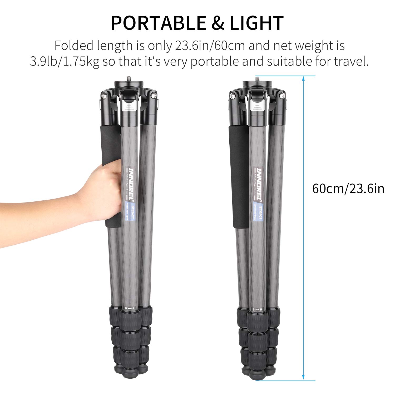 INNOREL ST324CT 32mm Carbon Fiber Tripod - Heavy Duty Professional Camera Tripod with Nut Lock, 30kg Max Load, 13-158cm Adjustable Height, Includes 58mm Bowl Adapter, Carry Bag & Camera Strap - Perfect for Photography, Videography, and Outdoor Shooting