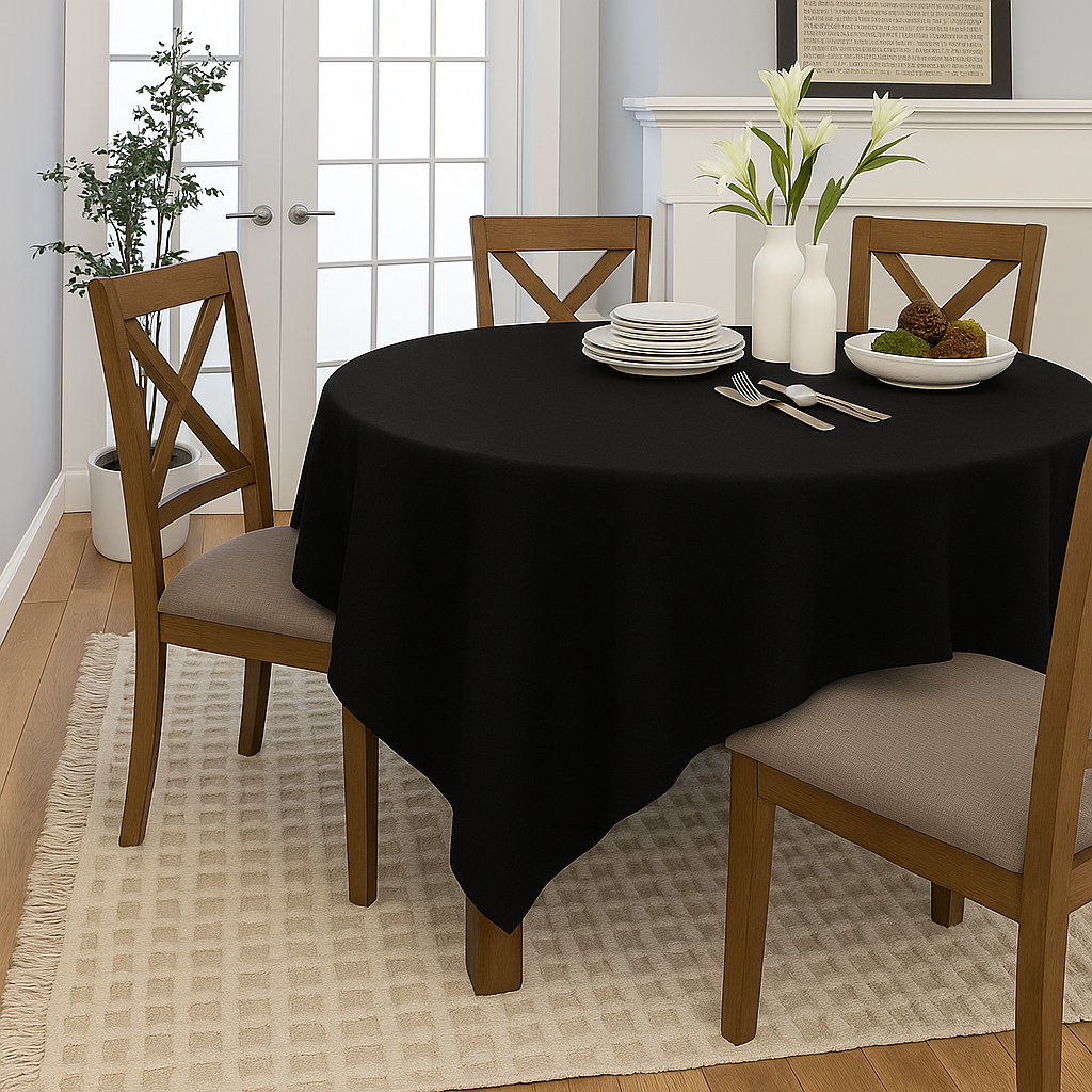 Premium Black Waterproof Polyester Tablecloth - Spill & Stain Resistant Dining Table Cover for Restaurants, Parties, and Outdoor Events