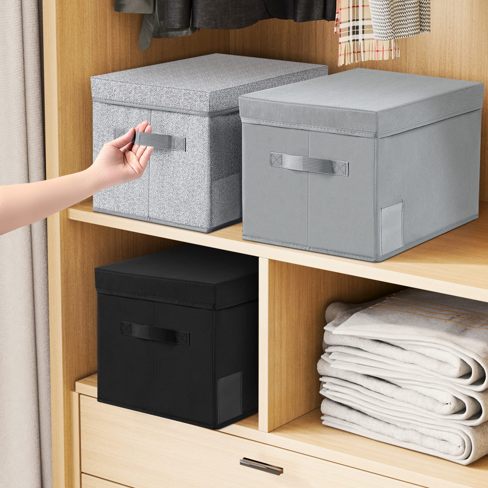 Linen Closet Organizers and Storage Bins - 3 Pack Foldable Fabric Storage Boxes with Labels for Bedroom, Bathroom & Nursery Organization - Grey Decorative Cloth Bins for Shelves, Wardrobes and Home Decor