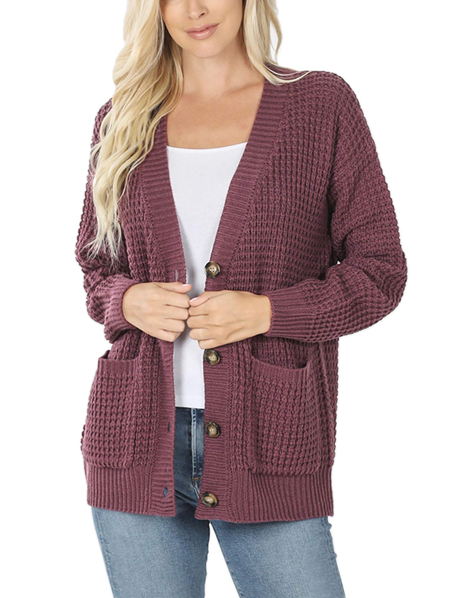 KOGMO Women's Waffle Knit Button Down Cardigan with Pockets - Cozy Long Sleeve Open Front Sweater for Fall & Winter - Perfect for Office, Casual Outfits and Layering