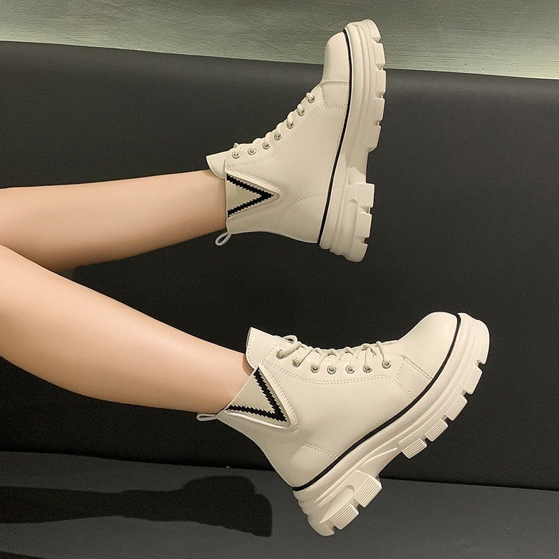 Lovevop Women's Autumn Boots - Stylish High Top Platform Sneakers in White PU Leather for Casual Wear | Perfect for Fall Outfits, Daily Walking & Fashion Street Style