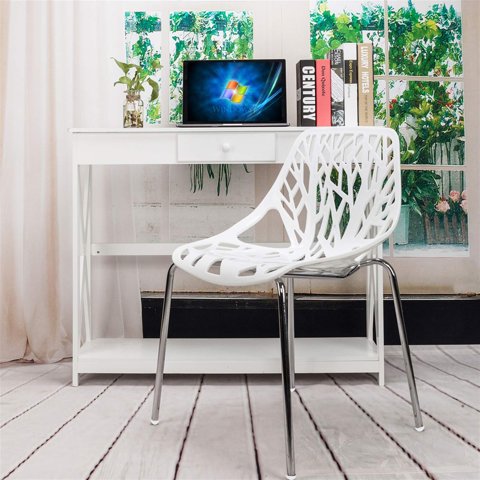 4-Piece Modern Stackable Dining Chairs Set with Non-Slip Foot Pads - Geometric Design Bird's Nest Side Chairs for Kitchen, Living Room & Hallway - Perfect for Small Spaces & Contemporary Home Decor (White)