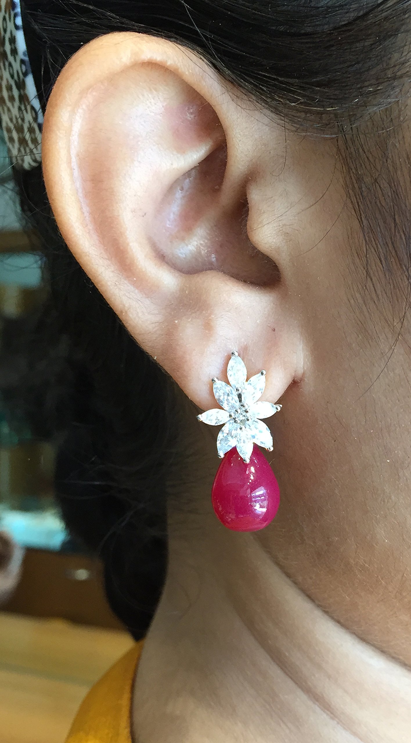 Zircon Floral Stud Statement Earrings for Women - Elegant Red Crystal Flower Dangle Earrings | Perfect for Parties, Weddings & Date Nights