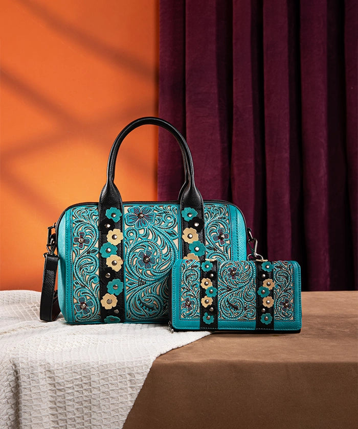 Montana West Embroidered Floral Cut Out Boston Bag Set - Stylish Leather Shoulder Purse for Women, Perfect for Work, Travel & Everyday Use