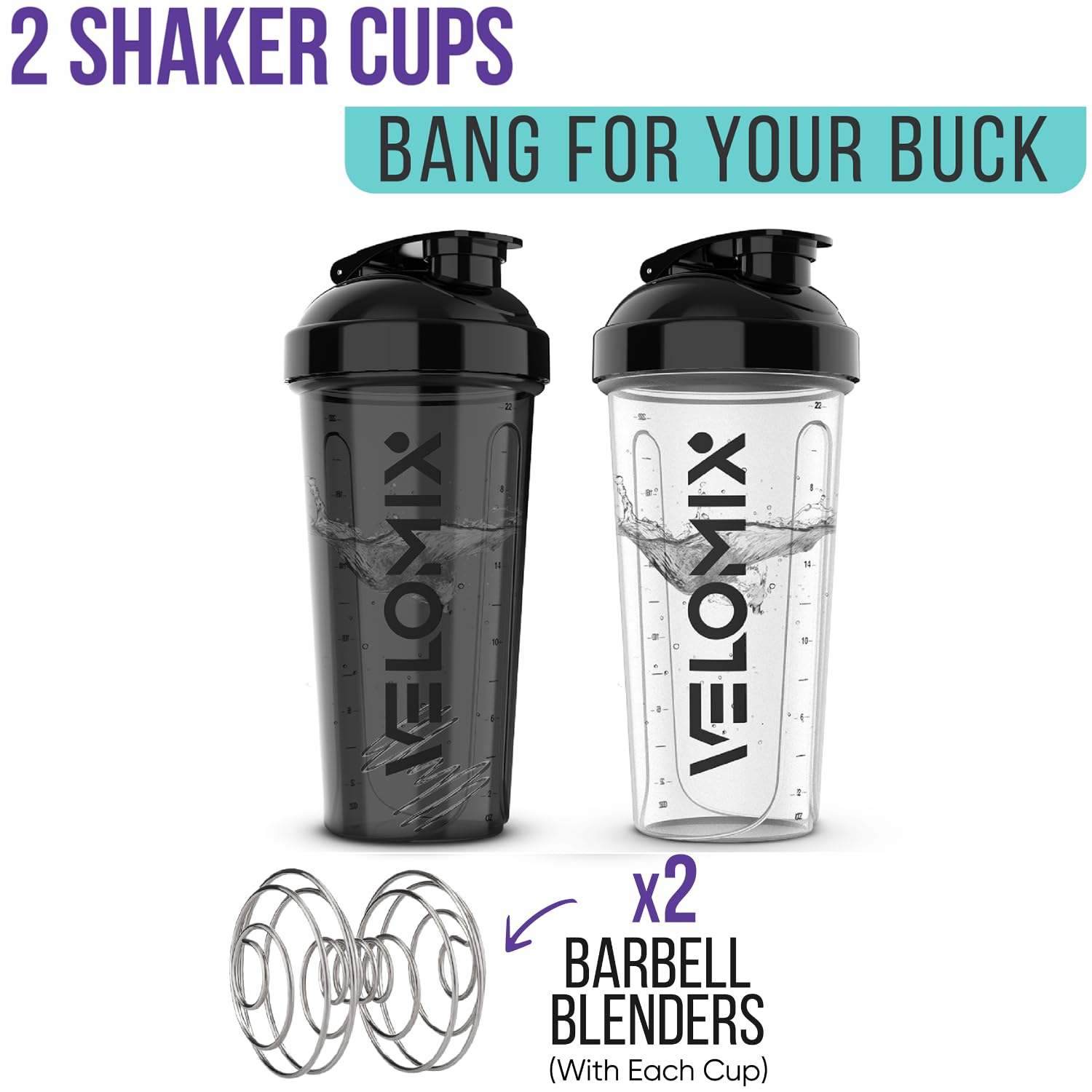 2 Pack 28 oz Protein Shaker Bottles with Wire Whisk - Leak Proof Mixing Cups for Protein Powder, Pre Workout & Meal Replacement Shakes - Gym, Fitness & Bodybuilding Essentials (Black & Clear)