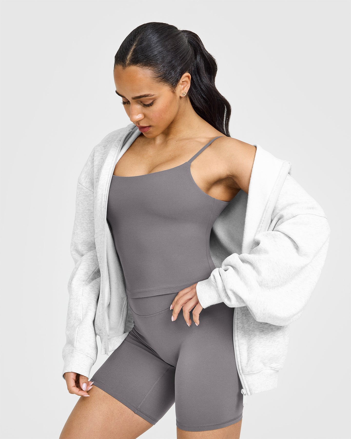 SoftMotion™ Strappy Mid Vest with Built-in Bra Shelf - Ash Grey | Comfortable Workout Top for Yoga, Running & Gym | Women's Activewear