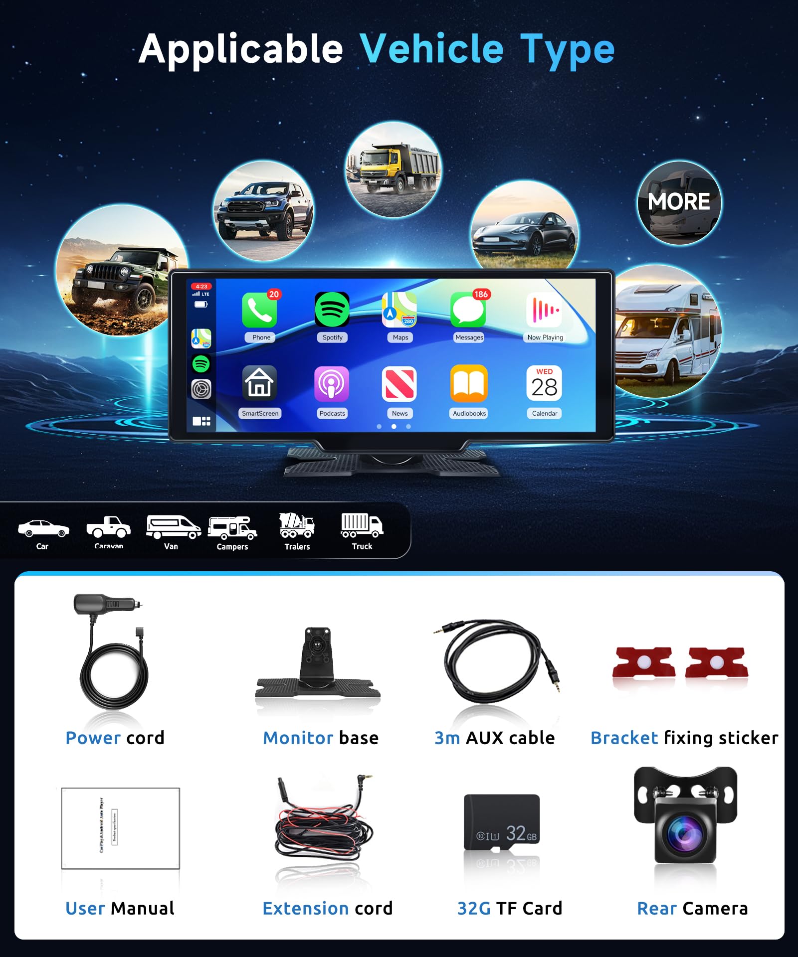 Rimoody 10.26 Inch Portable Car Stereo with Wireless CarPlay & Android Auto - Touchscreen Bluetooth Head Unit with Siri, Rear Backup Camera, Voice Control, TF Card Support (9V-36V) for Road Trips & Daily Commuting