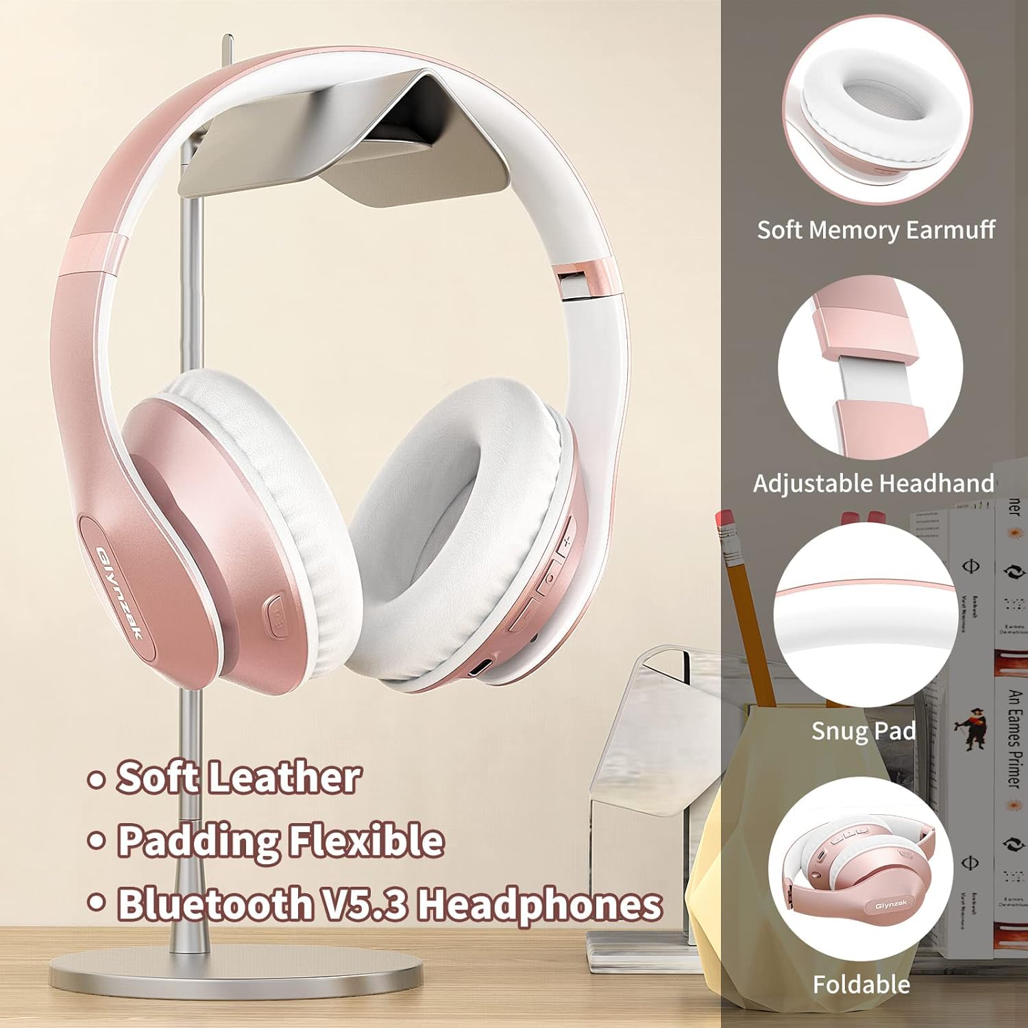 Premium Wireless Bluetooth Headphones Over-Ear with 65H Playtime, HiFi Stereo & Built-in Mic - 6 EQ Modes, Foldable Design, Bluetooth 5.3 for Travel, Work, Gaming (Rose Gold) - Perfect for Commuting, Office & Home Entertainment