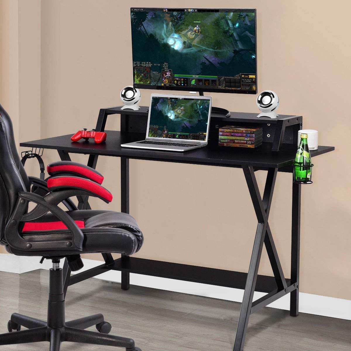 Professional All-in-One Black Gaming Desk with Cup & Headphone Holder - Sturdy Steel Frame, Spacious Desktop & Extra Shelf - Perfect for Office, Dorm & Bedroom - Multi-Purpose Workstation for Gaming, Studying & Home Office Setup