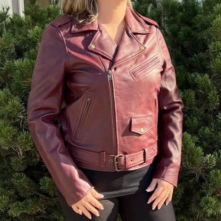 Women's Genuine Lamb Leather Biker Jacket with Adjustable Belt - Stylish Motorcycle Outerwear for Riding & Fashion