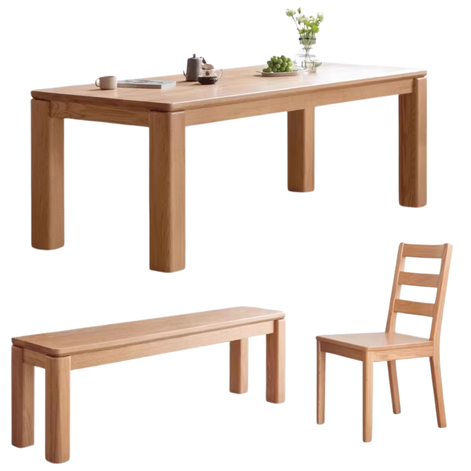out of stock  70.9x35.4x29.9 inch / 180x90x76 сm / Natural Wood Color / Dining table + four chairs + bench