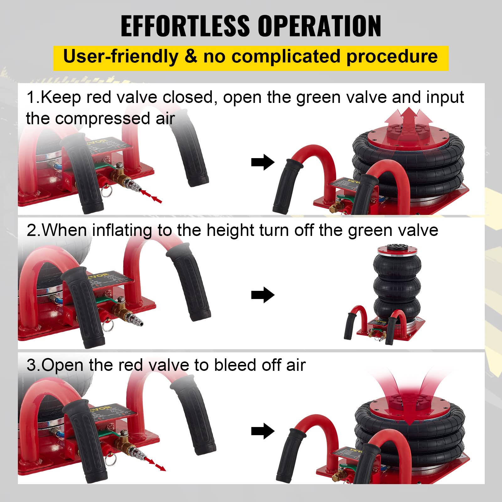 VEVOR 3 Ton (6600 lbs) Triple Bag Air Jack - 15.75 Inch Lift Height, Fast 3-5 Second Inflation - Compact Car Jack with Short Handle (Red) - Ideal for Emergency Roadside Repairs, Tire Changes & Vehicle Maintenance
